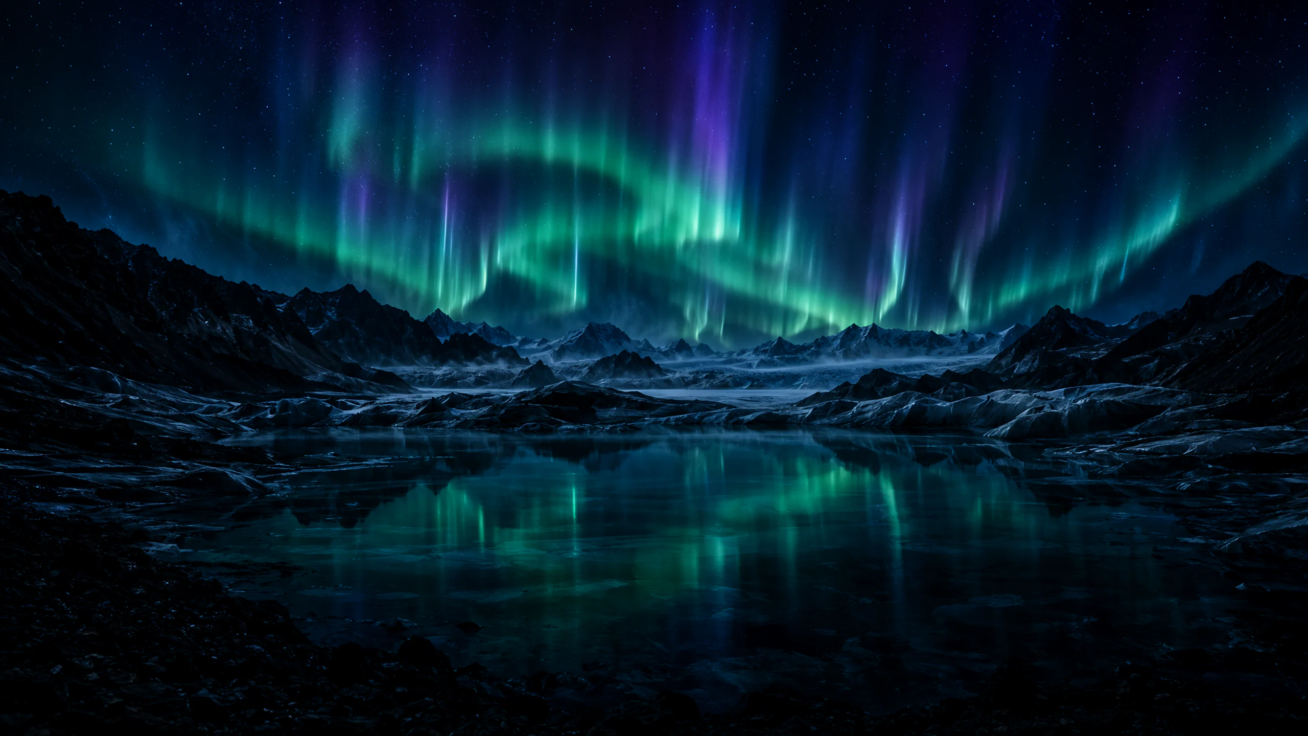 Aurora Requiem — Aurora borealis in vivid emerald and violet ribbons over jagged black volcanic mountains, a mirror-still glacial lake reflecting the sky, dense starfield, crisp cold air, ultra-detailed landscape photography, deep blacks, cinematic wide shot, no text