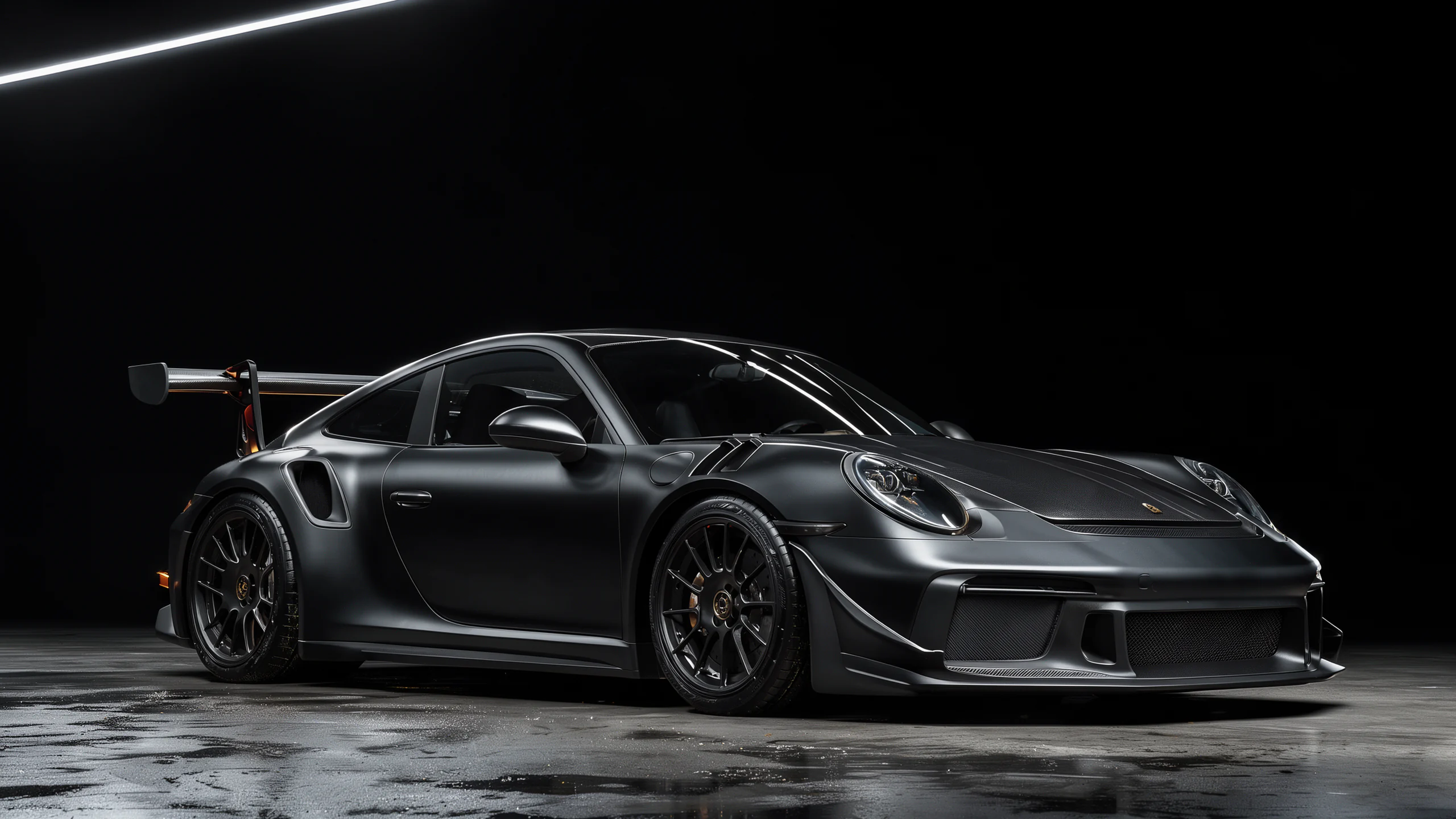 Blackout GT3 — A cinematic automotive portrait of a modern track-focused rear-engine sports car inspired by a 992-generation Porsche 911 GT3 RS: swan-neck rear wing, very wide fenders, center-lock wheels, deep front radiator vents, carbon-fiber hood and a low rear three-quarter stance. The car is matte black and parked in a pitch-black studio void. A single long strip of cool white light traces the roofline, the swan-neck wing and the curve of the rear haunch; the rest falls into true black. No badges, no logos, no text, no license plate. Composition: car filling the lower two thirds, generous black negative space above. Lighting: one hard strip light from the upper left, a faint warm rim on the carbon wing, no visible source. Texture: satin paint, carbon weave, black glass, fine dust, wet concrete under the tires. Mood: quiet, menacing, precise. Ultra detailed automotive photography, 85mm lens, photorealistic, deep blacks, no watermark.