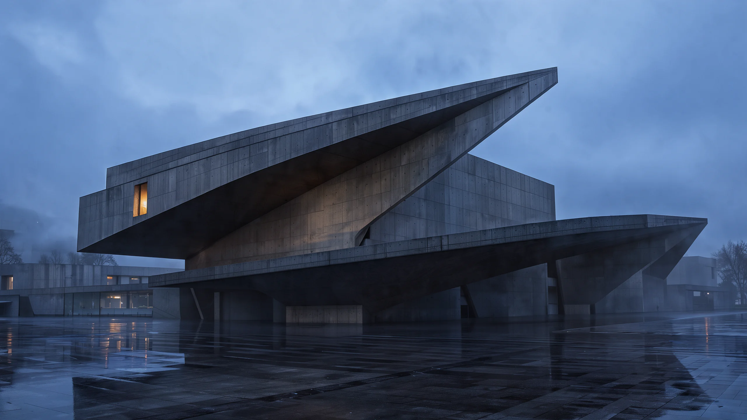 Brutalist Dusk — Monumental brutalist concrete architecture at blue hour, sharp geometric cantilevers, a single warm amber light glowing from a slit window, low fog, wet plaza reflections, dramatic scale, architectural photography, deep shadows, ultra-detailed, no text