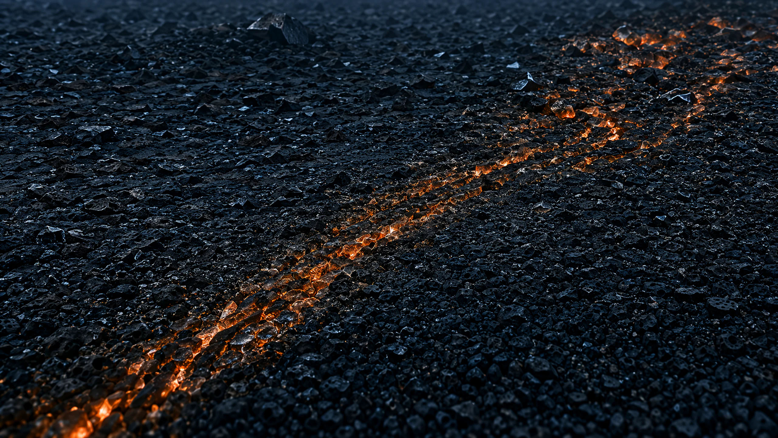 Cinder Field — A macro photograph of a field of black volcanic cinder split by thin veins of glowing orange ember. The surface is porous, sharp and glassy in places, with fine ash dust settling in the cracks. A few larger chunks of basalt rise above the field, their edges rim-lit by the ember glow. Composition: low raking angle across the surface, diagonal veins leading from bottom left to top right, edge-to-edge texture, no horizon. Lighting: only the ember glow from below and a faint cool ambient light from above, deep black shadows, warm orange highlights. Texture: pumice pores, ash, cracked glass, micro-relief, heat shimmer. Mood: elemental, dangerous, quiet. Ultra detailed macro texture photography, photorealistic, no text, no watermark.