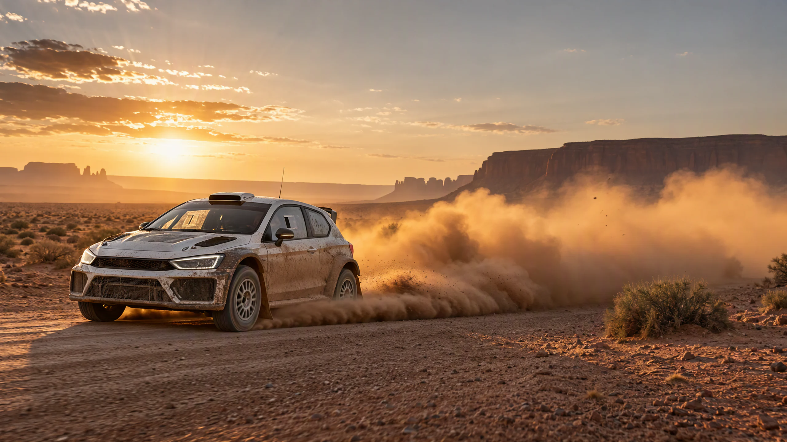 Dust Trial — A wide cinematic photograph of a rally car sliding through a desert dirt road at golden hour, a huge plume of dust backlit by the low sun. The car is a compact all-wheel-drive hatchback with mud on the flanks, roof lights and no sponsor decals. Composition: low angle, car on the left third, dust cloud filling the right, distant mesas. Lighting: hard low sun, warm rim light, deep shadows, dust haze. Texture: dust, gravel, scratched paint, mud, heat shimmer. Mood: raw, fast, isolated. Ultra detailed automotive photography, photorealistic, no logos, no text.