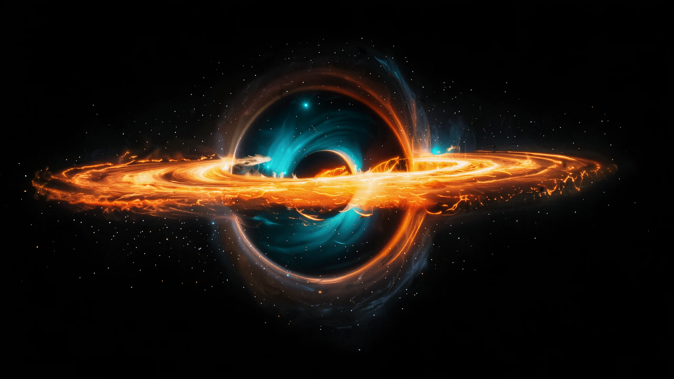 Event Horizon — A colossal black hole accretion disk seen at a slight angle against pure black space, blazing orange and cyan plasma spiraling into the event horizon, extreme gravitational lensing bending the starfield into a thin luminous ring, razor-sharp detail, cinematic astrophotography, deep OLED blacks, subtle film grain, no text
