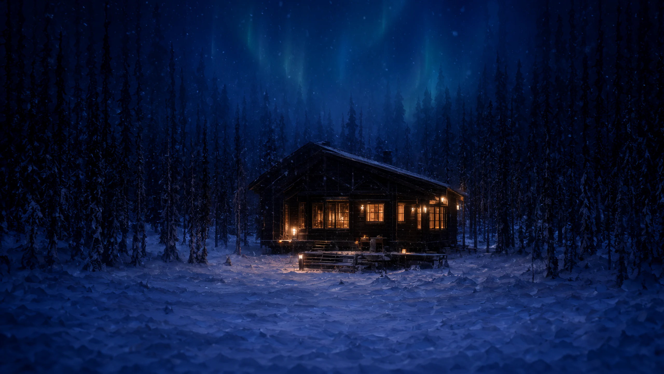 First Snow — A solitary black timber cabin in a snowy pine forest at blue hour, warm amber windows glowing through falling snow, deep blue shadows, faint aurora above, cinematic wide shot, ultra-detailed, cozy isolation, no text