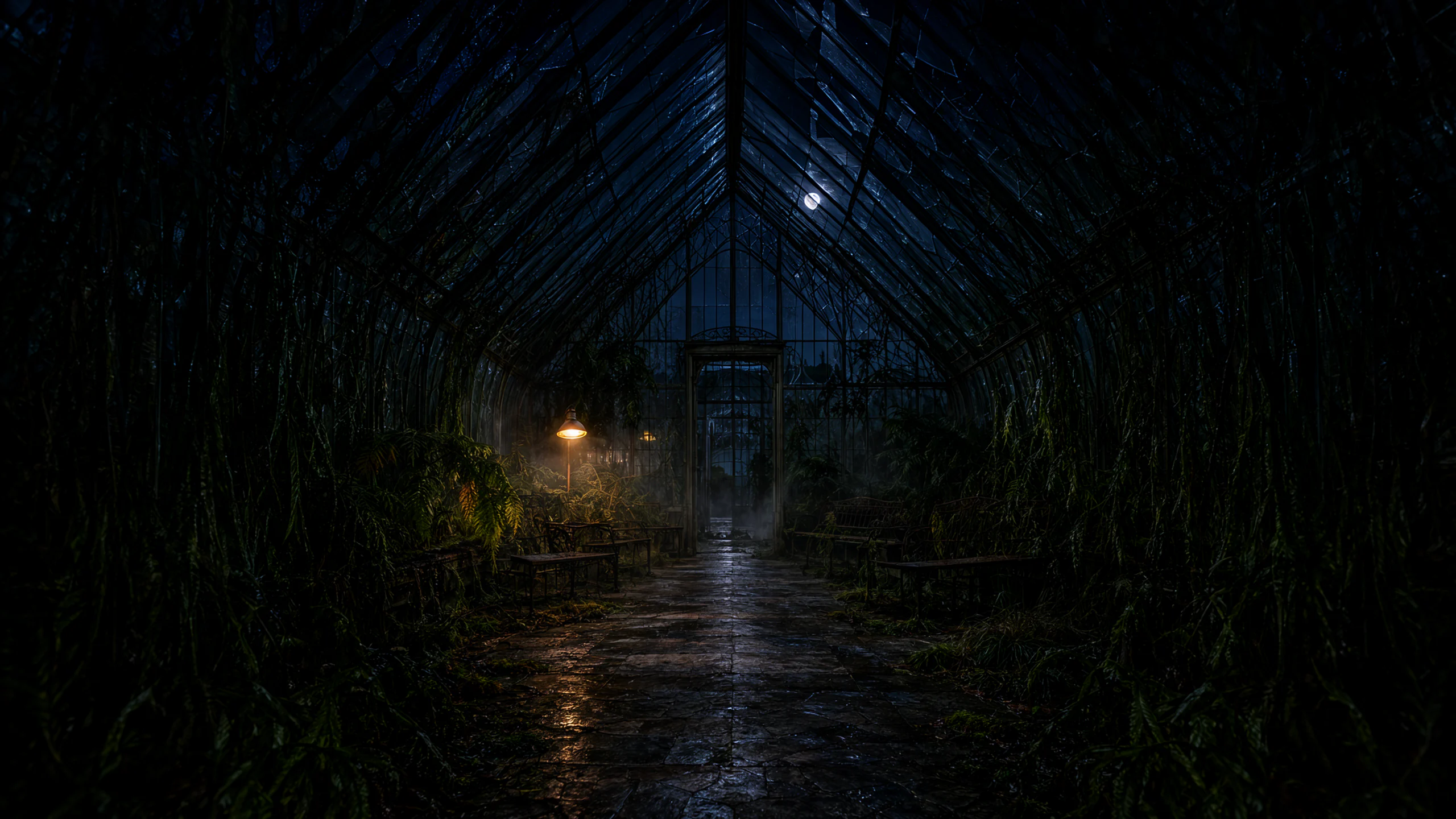 Glasshouse — An architectural night photograph of an abandoned Victorian glasshouse overtaken by ferns and vines. The ribs of the glass roof are silhouetted against a deep blue night sky; broken panes catch the moon, and condensation fogs the remaining glass. A single warm work lamp glows somewhere inside, revealing wet stone tiles, rusted iron benches and a dense understory of tropical plants. Composition: wide 24mm view from the entrance, symmetrical central path, roof ribs converging to a vanishing point, human-scale doorway at the far end. Lighting: cool moonlight through glass, one warm tungsten lamp, volumetric mist, deep black corners. Texture: wet iron, cracked glass, moss on stone, condensation, leaf veins. Mood: abandoned, lush, cinematic. Ultra detailed architectural photography, photorealistic, no text, no watermark.