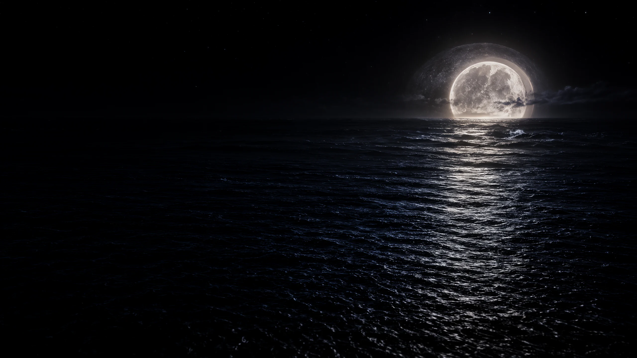 Moonfall — A cinematic night seascape with an enormous full moon rising over a black ocean. The moon is low on the horizon, pale silver with visible maria and a thin atmospheric halo. Its light lays a broken silver path across long, slow waves; the water is almost black between the highlights. Thin clouds pass in front of the moon, and a faint field of stars is visible above. Composition: low horizon line, moon on the right third, sea filling the lower two thirds, 35mm lens, deep focus. Lighting: only moonlight, deep OLED blacks, cool silver highlights, a whisper of blue in the shadows. Texture: water surface, foam, cloud edges, lunar craters, fine grain. Mood: vast, quiet, cinematic. Ultra detailed night seascape photography, photorealistic, no text, no watermark.