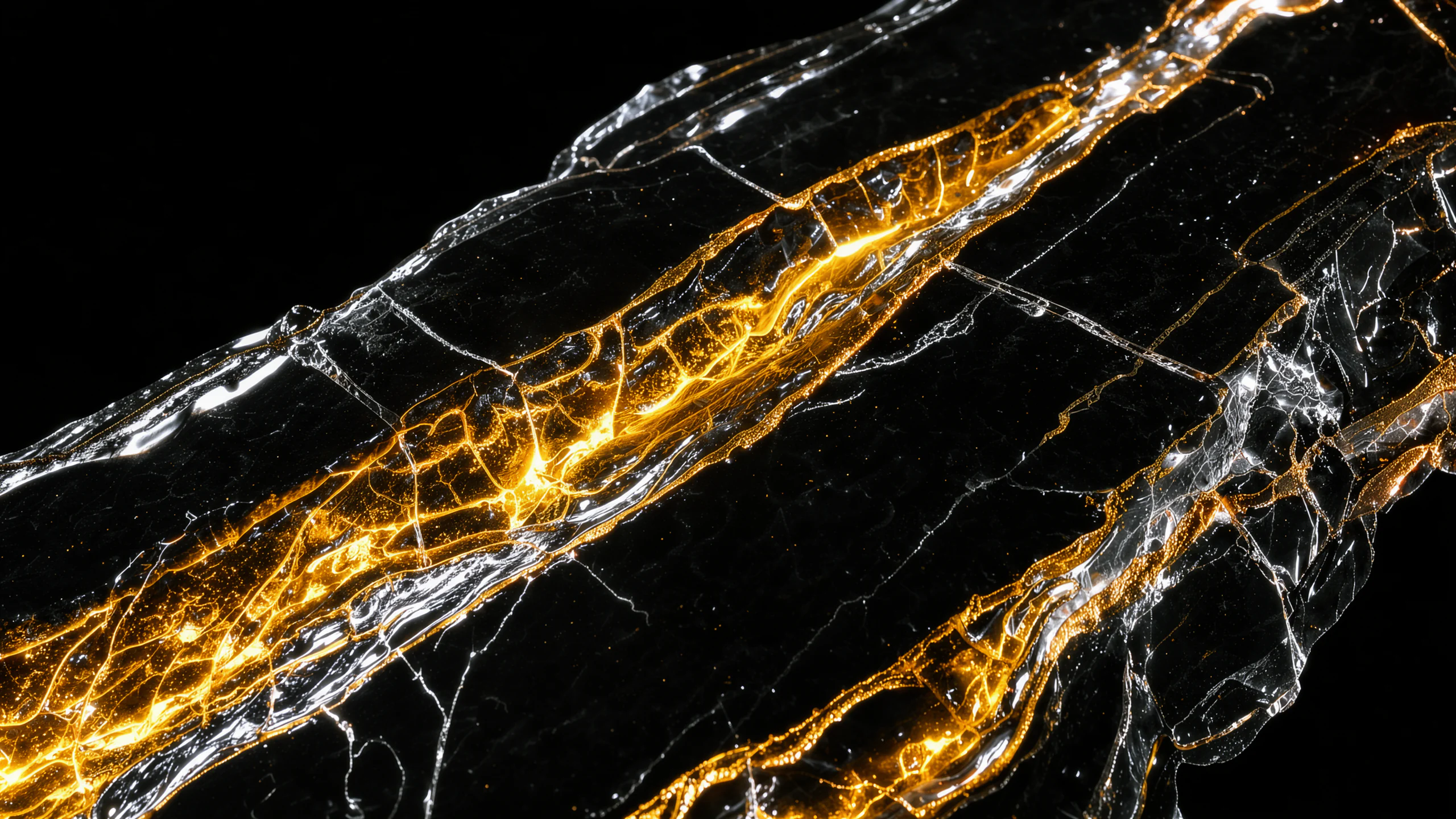 Obsidian Current — A dramatic macro of glossy black obsidian split by wide veins of molten gold and liquid silver, the metal glowing from within, crystalline fracture edges catching specular highlights, pure black background, high contrast, luxurious abstract texture, ultra-detailed, no text