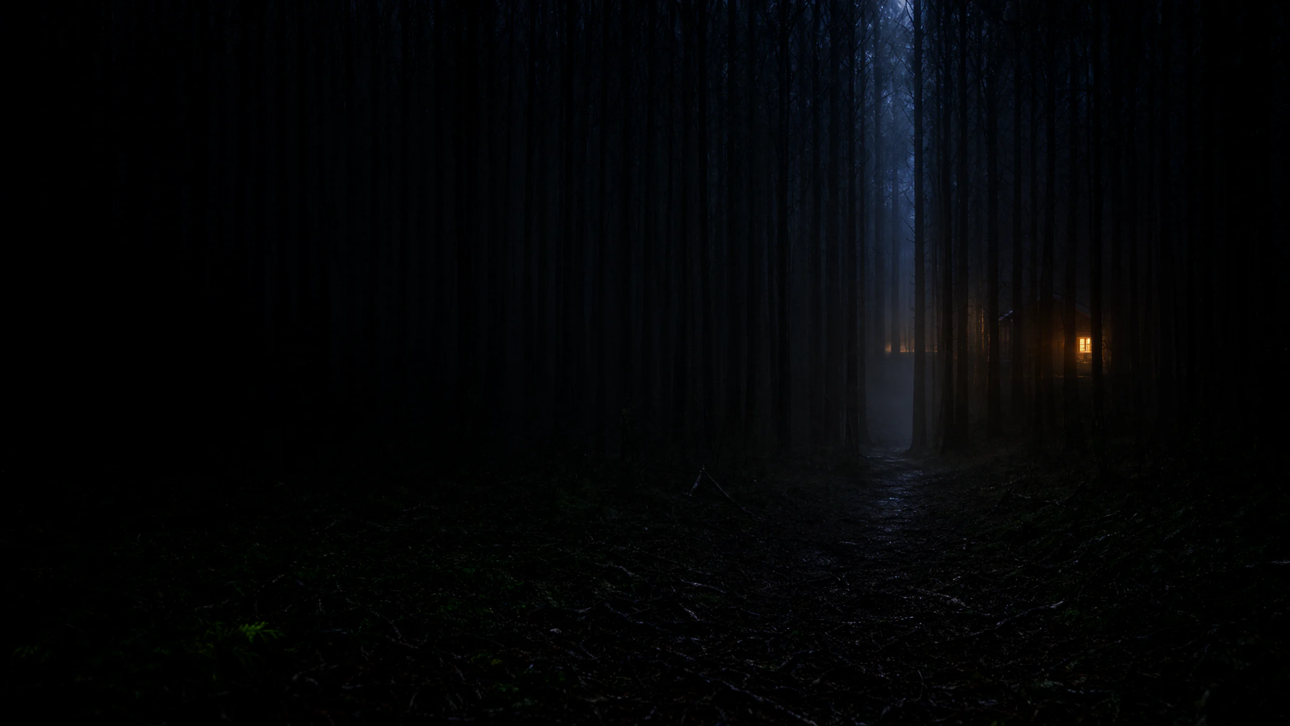 The Long Dark — A cinematic night photograph of a dense pine forest swallowed by fog, with a single distant cabin window glowing amber through the trees. The foreground is a black forest floor of wet needles, roots and low ferns; the midground is a corridor of vertical black trunks; the background dissolves into grey mist. Composition: eye-level 50mm lens, cabin light on the right third, a narrow gap in the trees leading the eye, heavy negative space of dark forest at left. Lighting: one warm tungsten window, cool blue moonlight from above, volumetric fog, deep black shadows, no visible light source. Texture: wet bark, moss, fog droplets, fine grain, soft light falloff. Mood: isolated, tense, quiet. Ultra detailed cinematic photography, photorealistic, no text, no watermark.
